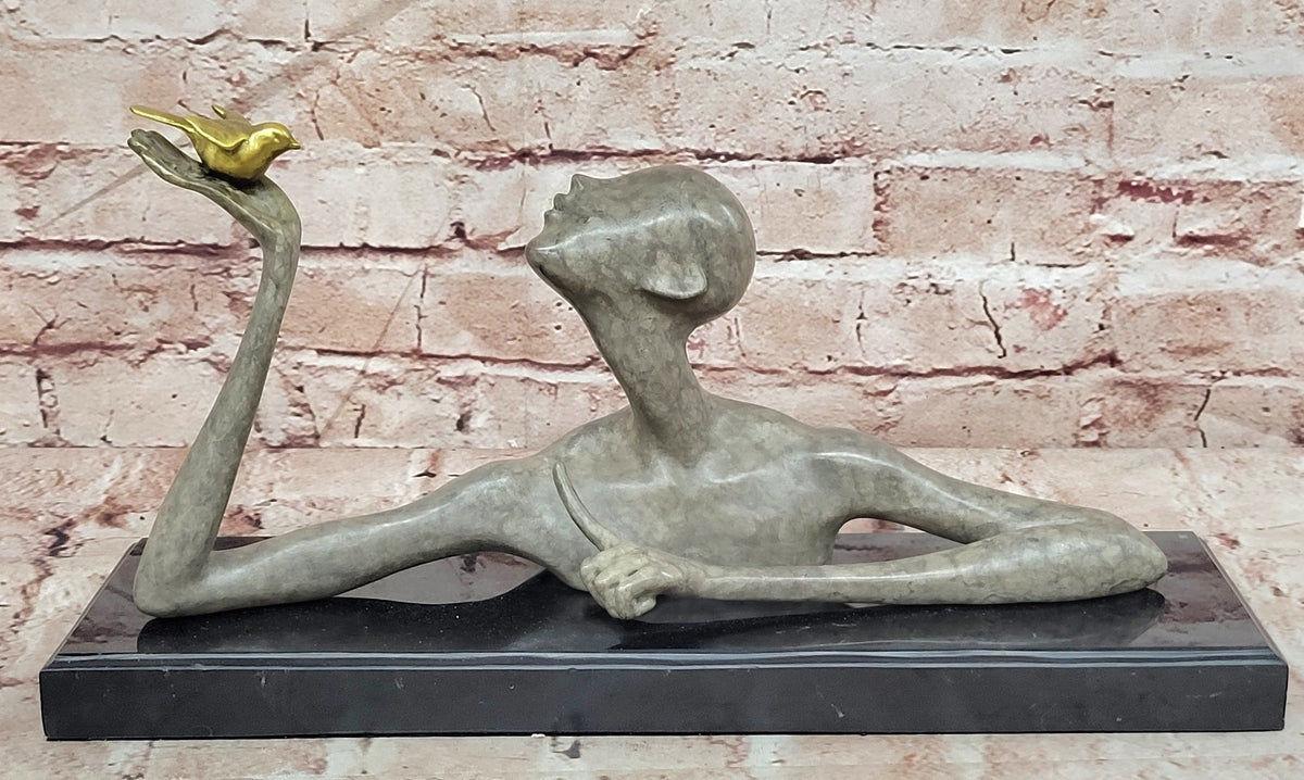 Abstract Surrealist Figure Holding a Golden Bird - Bronze Sculpture