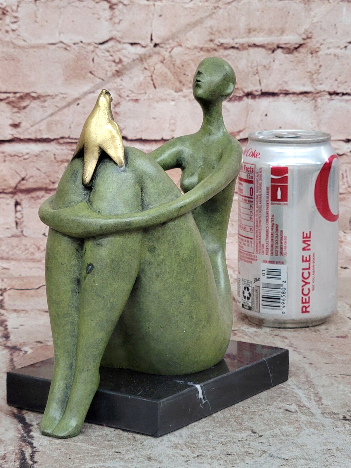 Abstract Woman with Golden Bird Bronze Sculpture on Marble Base