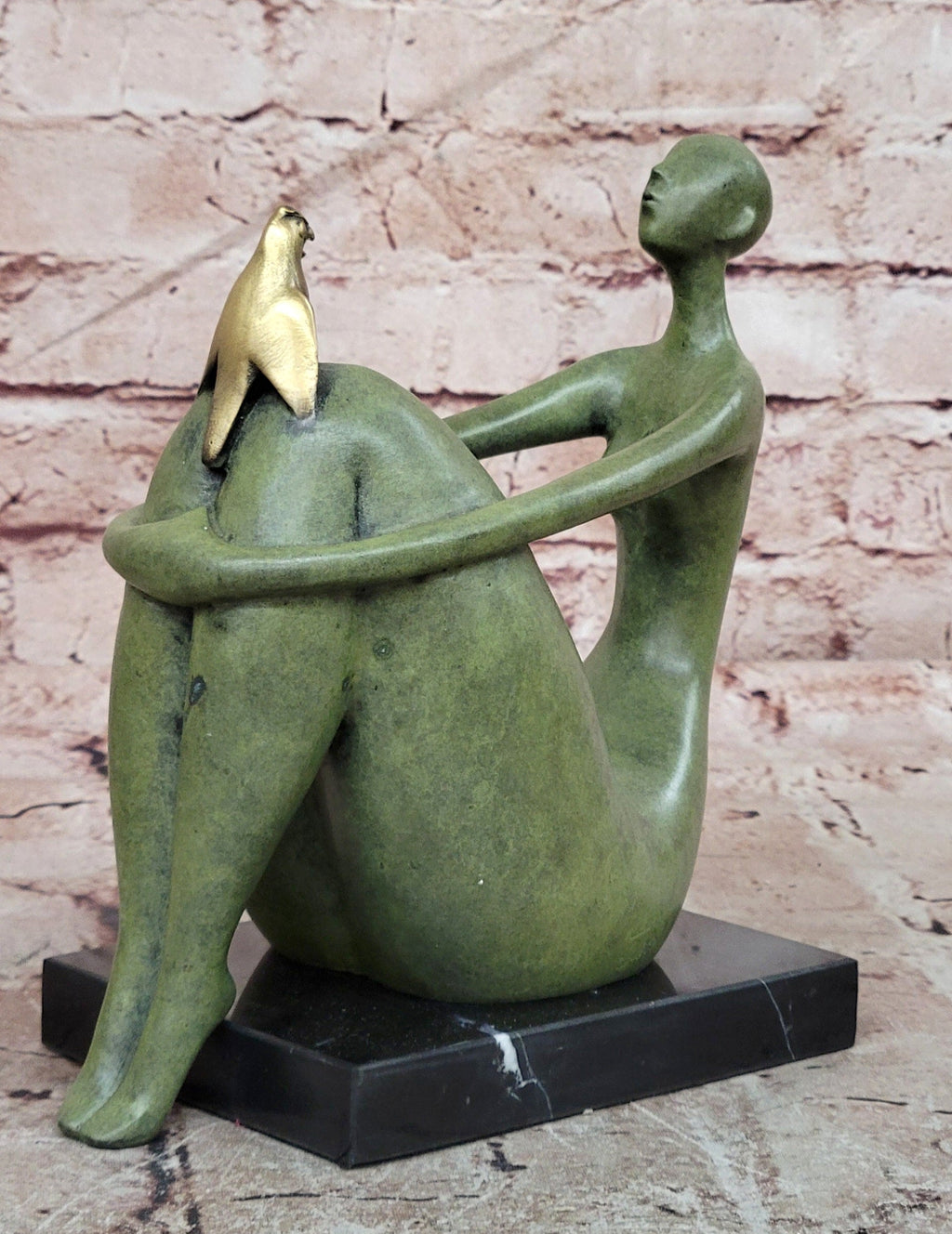 Abstract Woman with Golden Bird Bronze Sculpture on Marble Base
