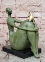 Abstract Woman with Golden Bird Bronze Sculpture on Marble Base