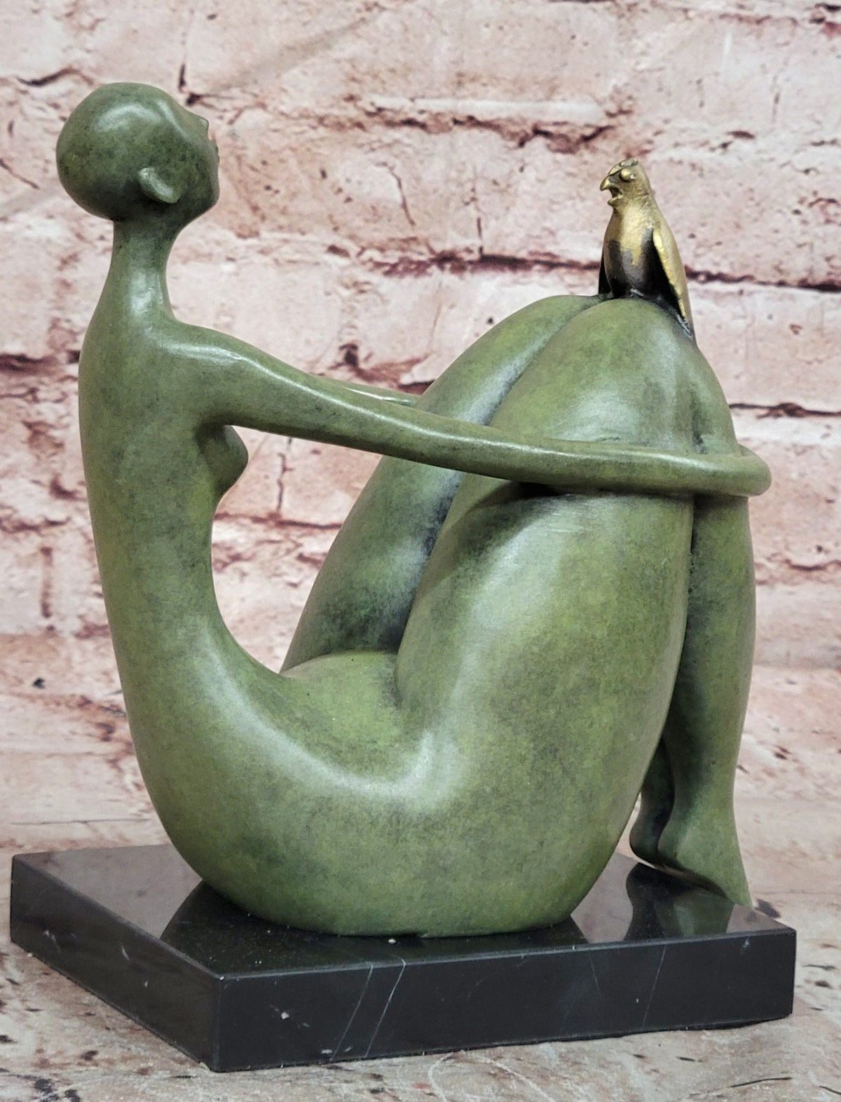 Abstract Woman with Golden Bird Bronze Sculpture on Marble Base