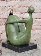 Abstract Woman with Golden Bird Bronze Sculpture on Marble Base