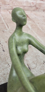 Abstract Woman with Golden Bird Bronze Sculpture on Marble Base