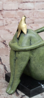 Abstract Woman with Golden Bird Bronze Sculpture on Marble Base