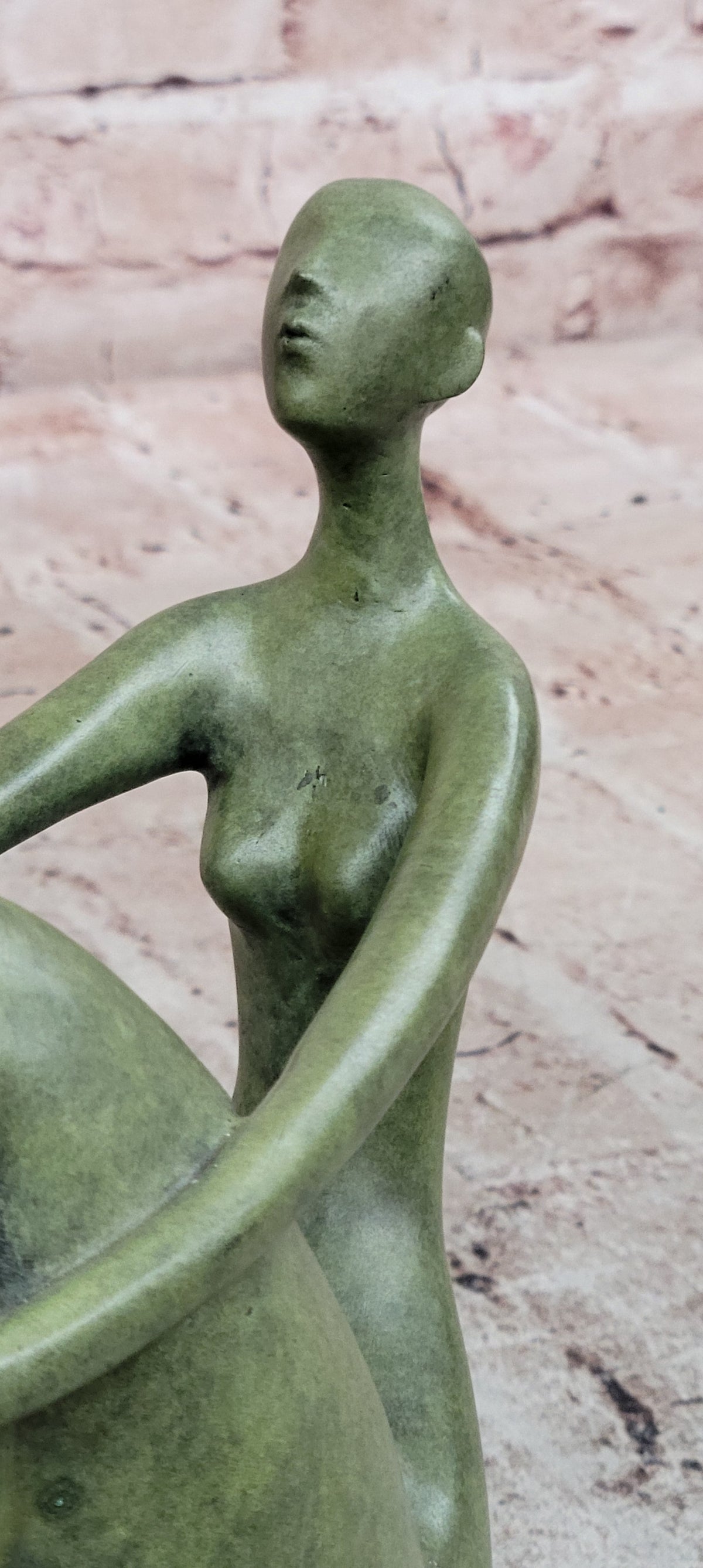Abstract Woman with Golden Bird Bronze Sculpture on Marble Base