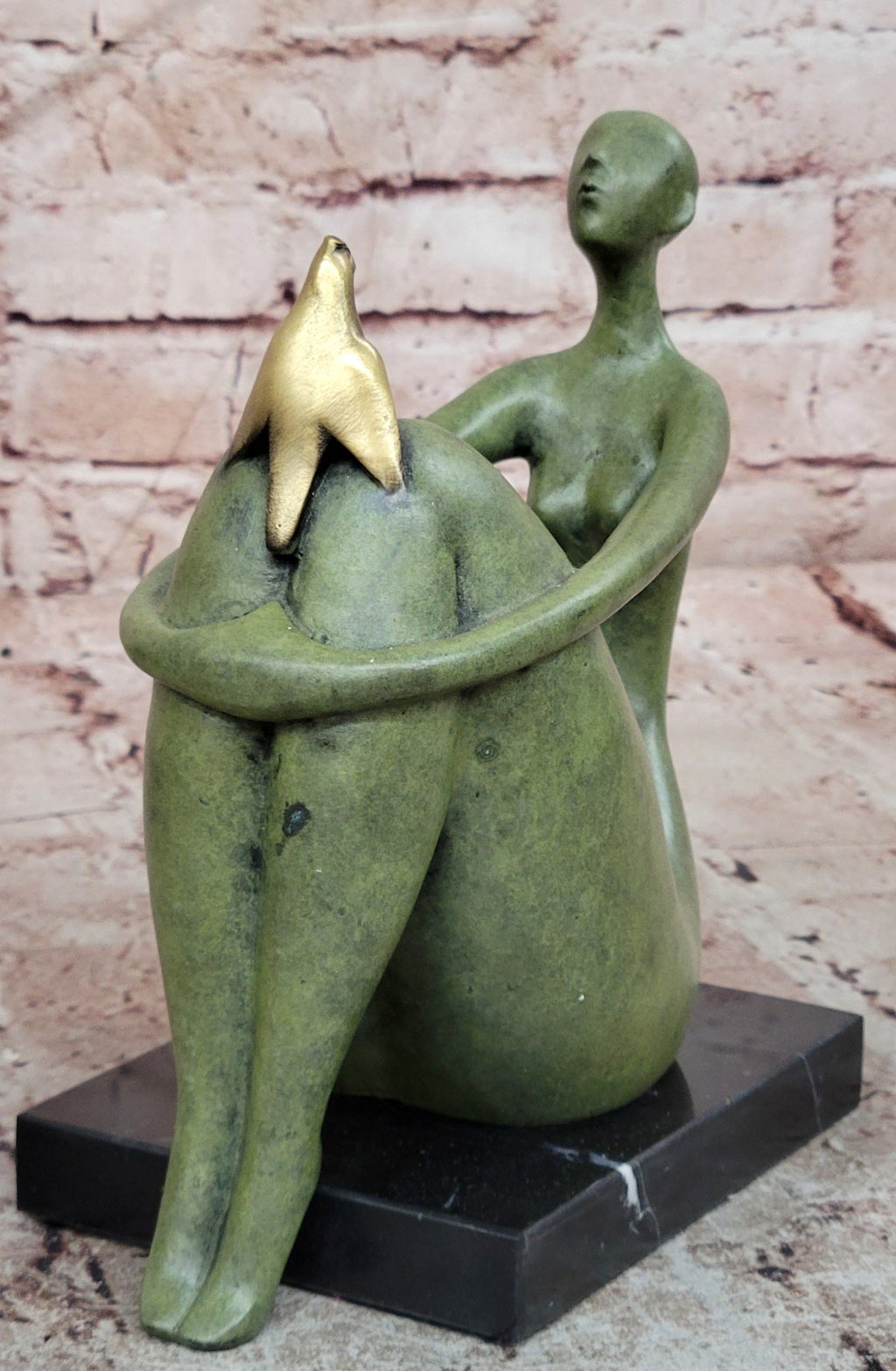 Abstract Woman with Golden Bird Bronze Sculpture on Marble Base