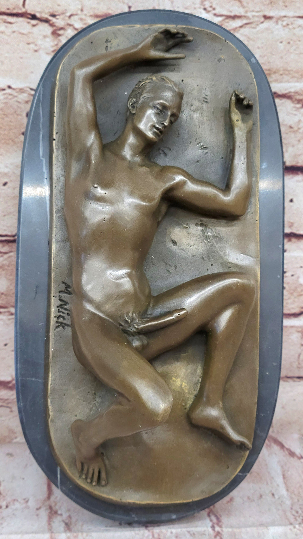 Nude Male Laying on Back Bronze Statue Sculpture Erotic Art Marble Original 5" x 11"