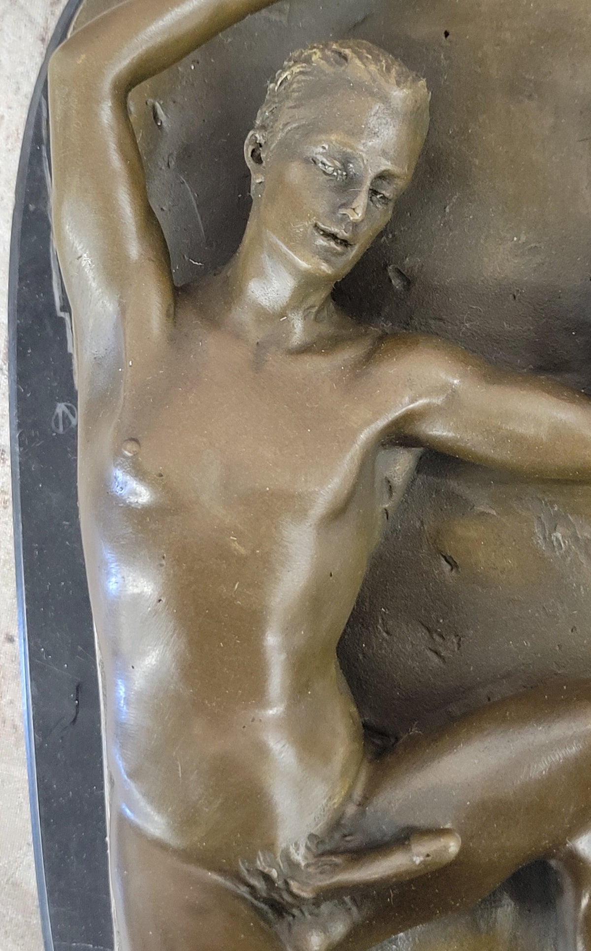 Nude Male Laying on Back Bronze Statue Sculpture Erotic Art Marble Original 5" x 11"