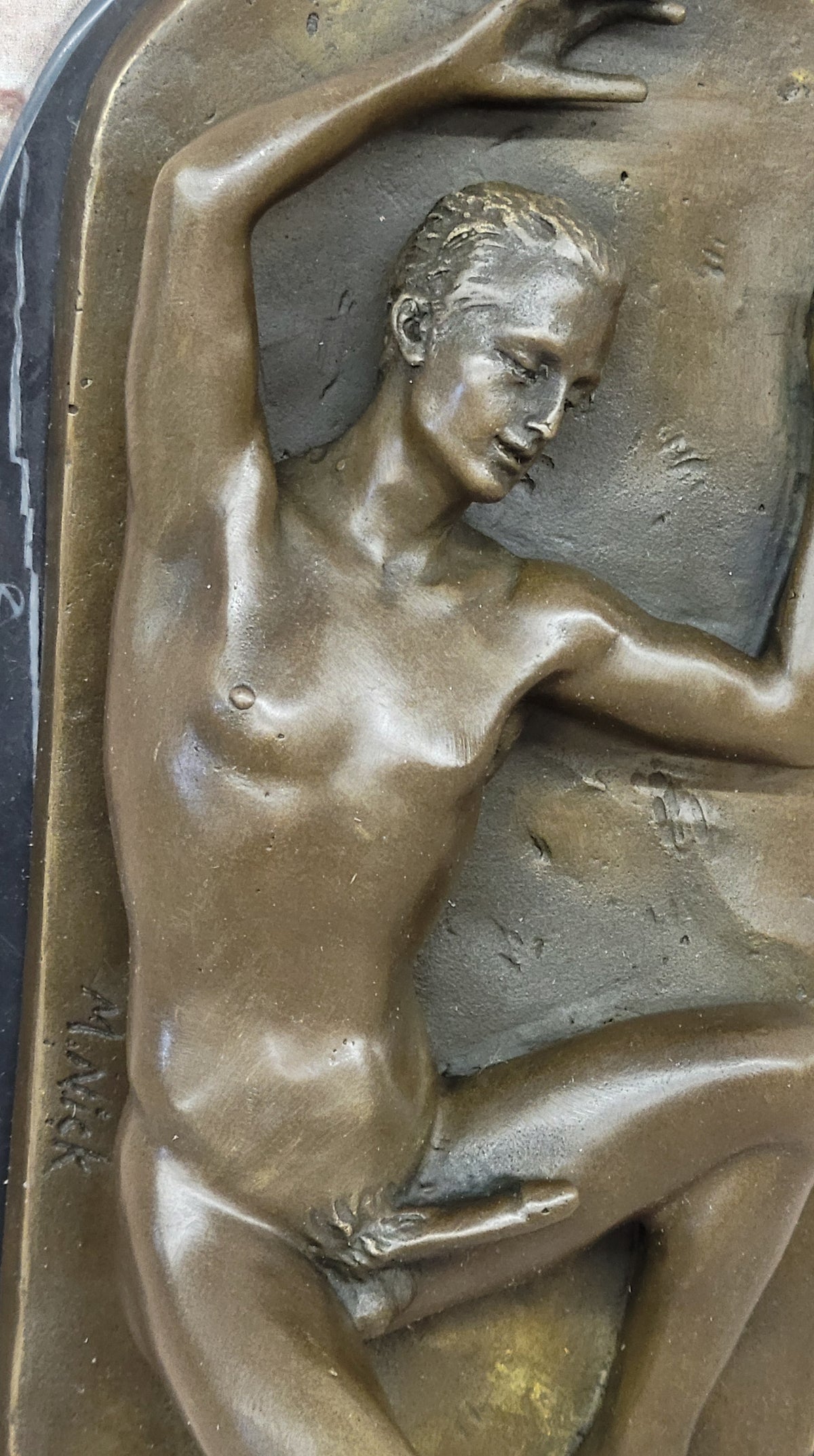 Nude Male Laying on Back Bronze Statue Sculpture Erotic Art Marble Original 5" x 11"