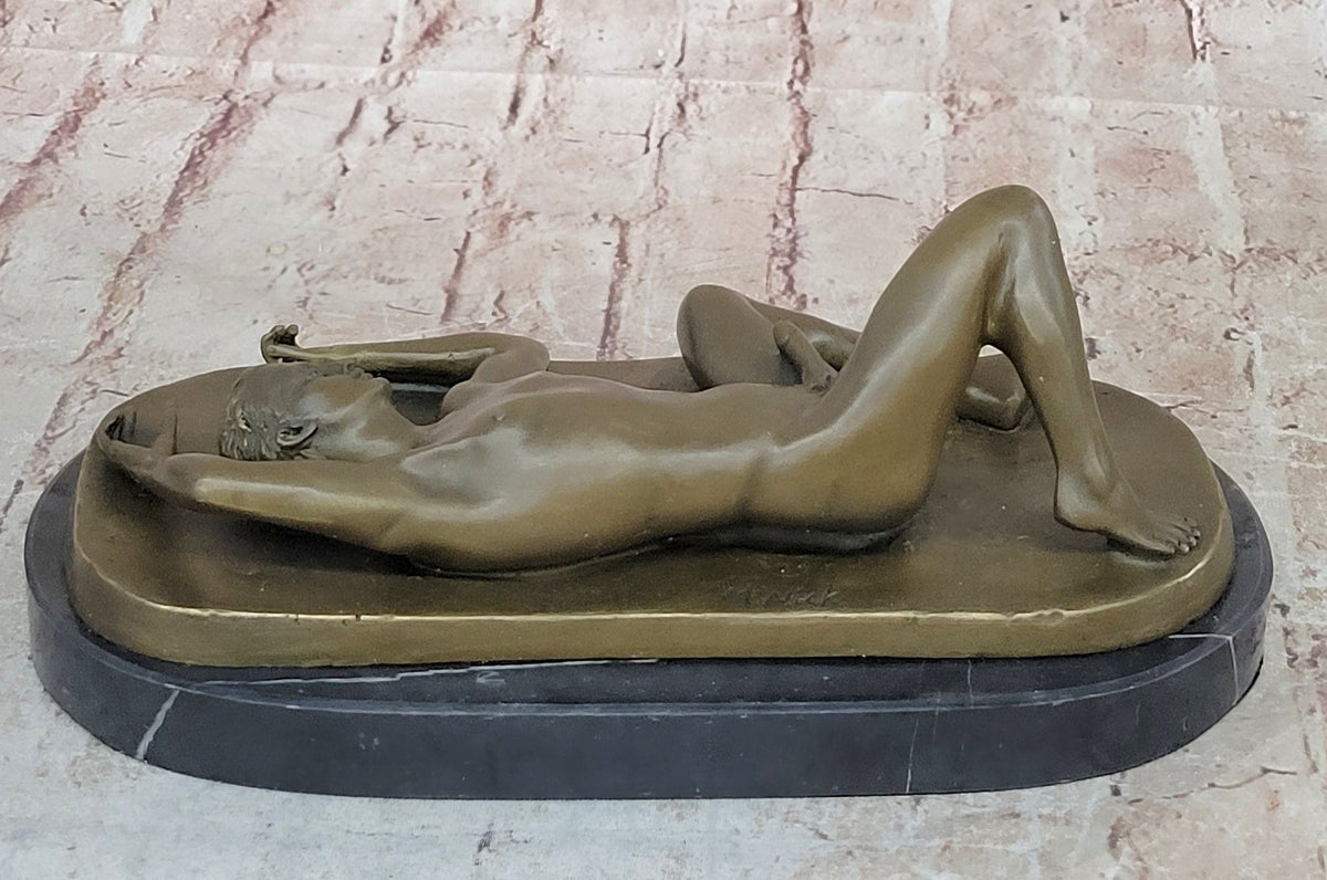 Nude Male Laying on Back Bronze Statue Sculpture Erotic Art Marble Original 5" x 11"