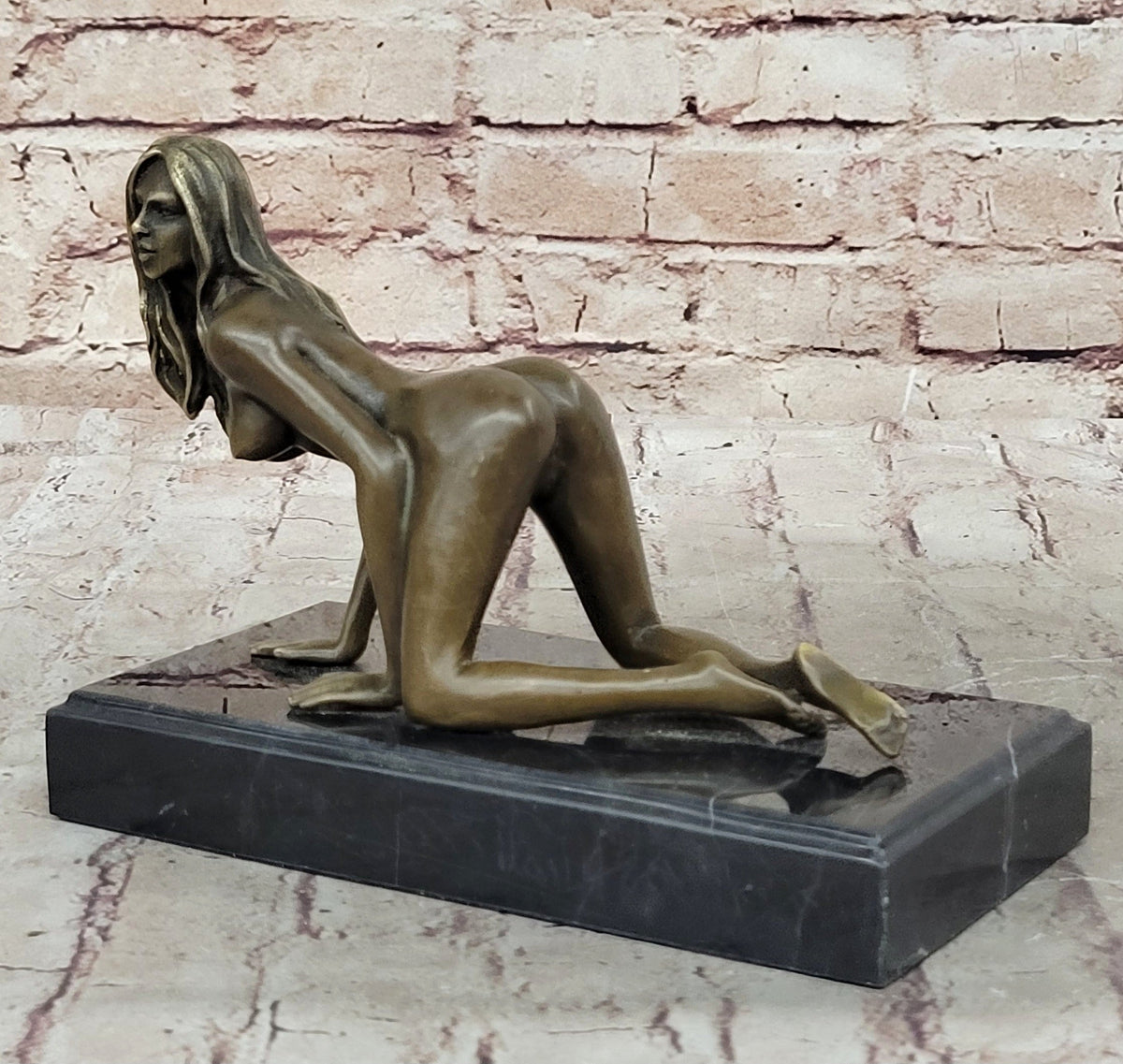 Erotic Nude Girl Crawling On Hands Knees Bronze Statue Sculpture Original Art 6" x 9"