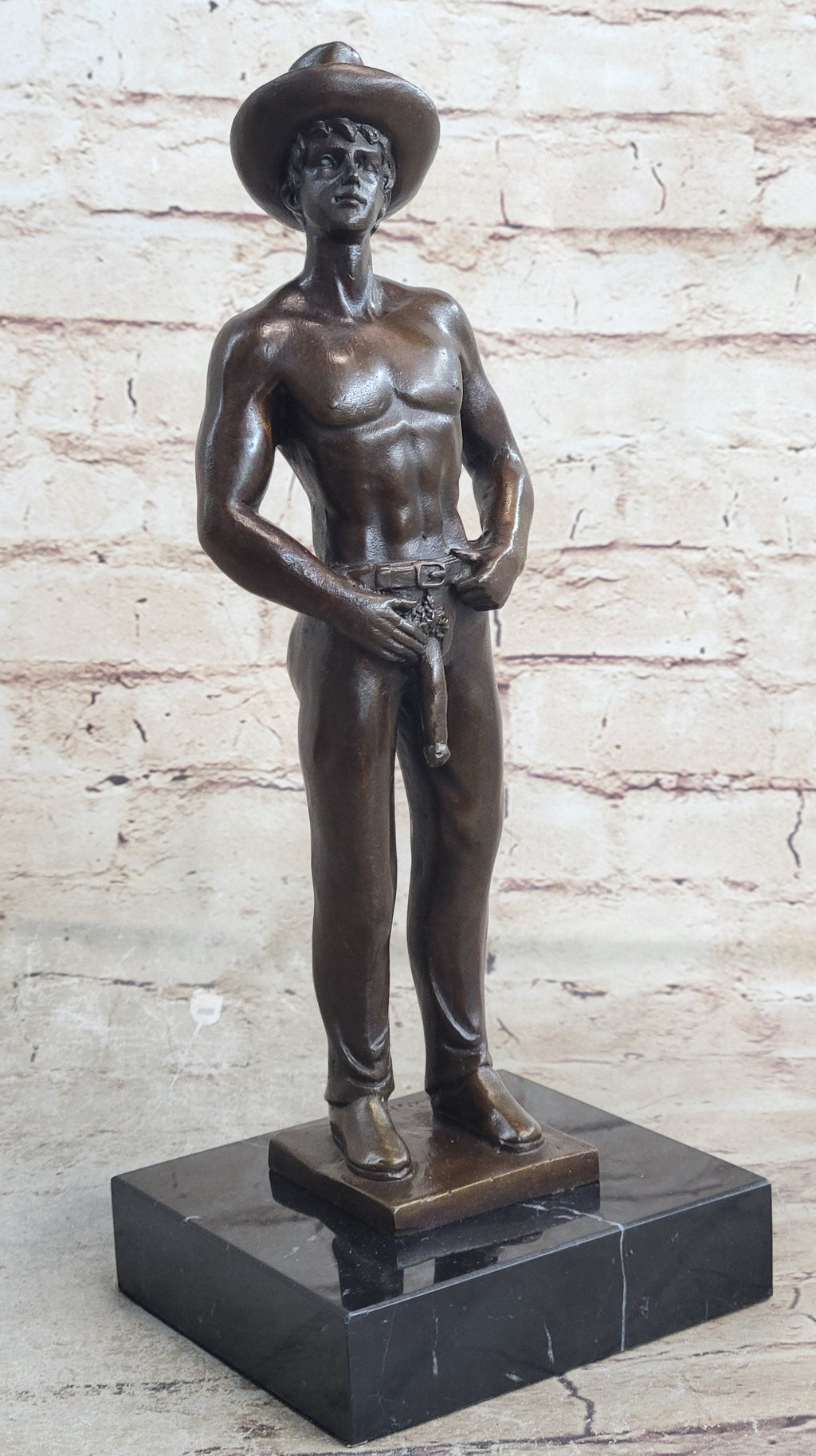 Erotic Gay Cowboy Exposed Bronze Statue Sculpture Figure Figurine Marble Base 12" x 4"