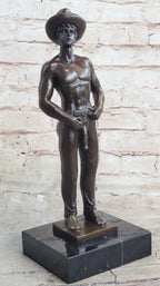 Erotic Gay Cowboy Exposed Bronze Statue Sculpture Figure Figurine Marble Base 12" x 4"