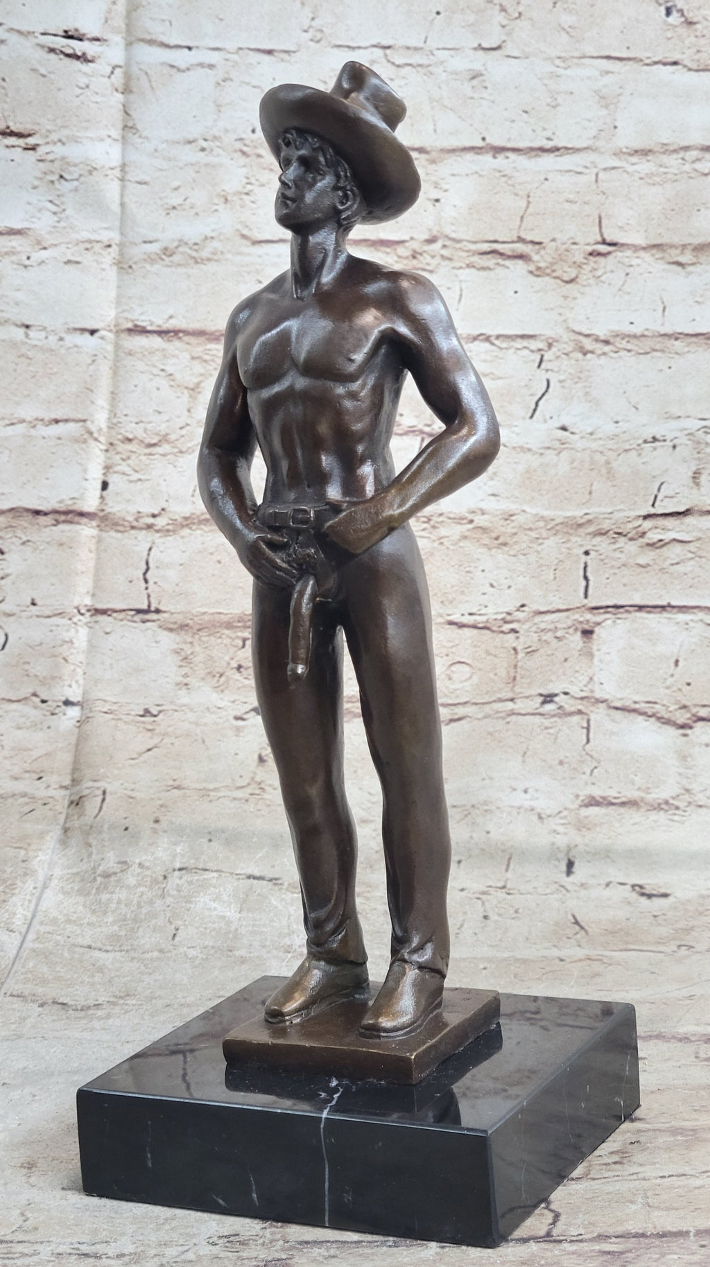 Erotic Gay Cowboy Exposed Bronze Statue Sculpture Figure Figurine Marble Base 12" x 4"