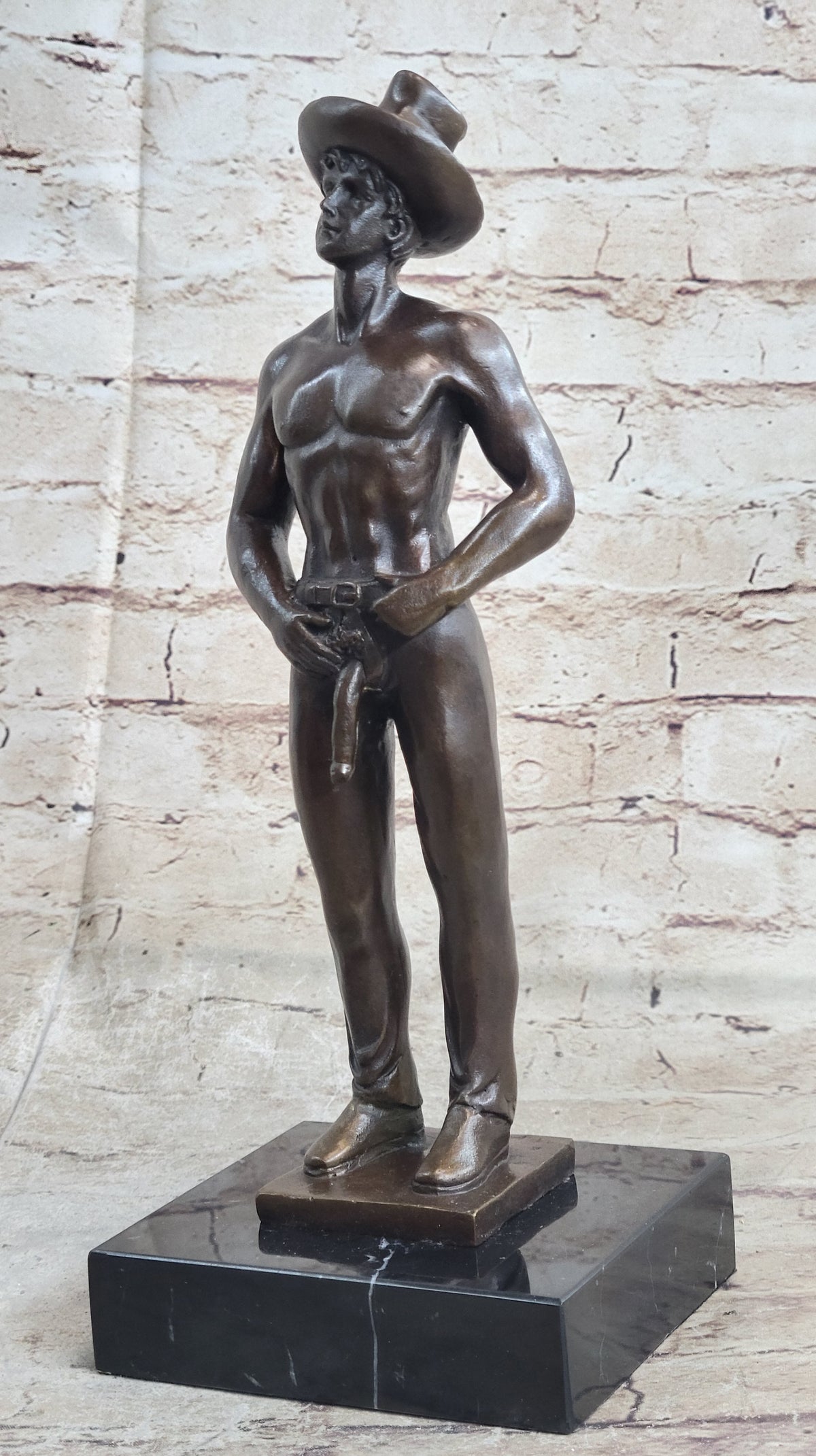 Erotic Gay Cowboy Exposed Bronze Statue Sculpture Figure Figurine Marble Base 12" x 4"