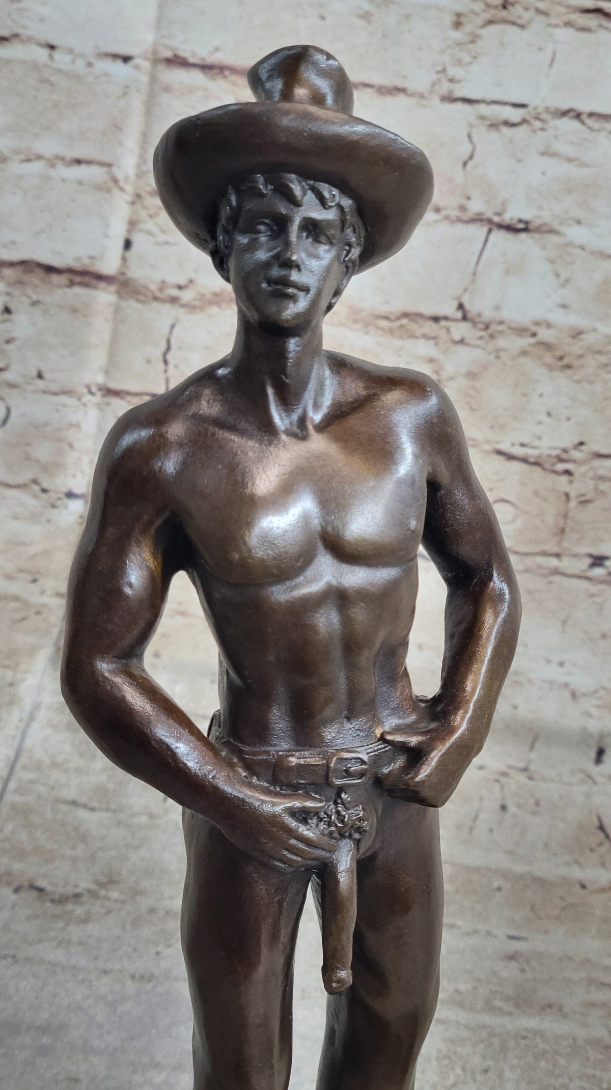 Erotic Gay Cowboy Exposed Bronze Statue Sculpture Figure Figurine Marble Base 12" x 4"