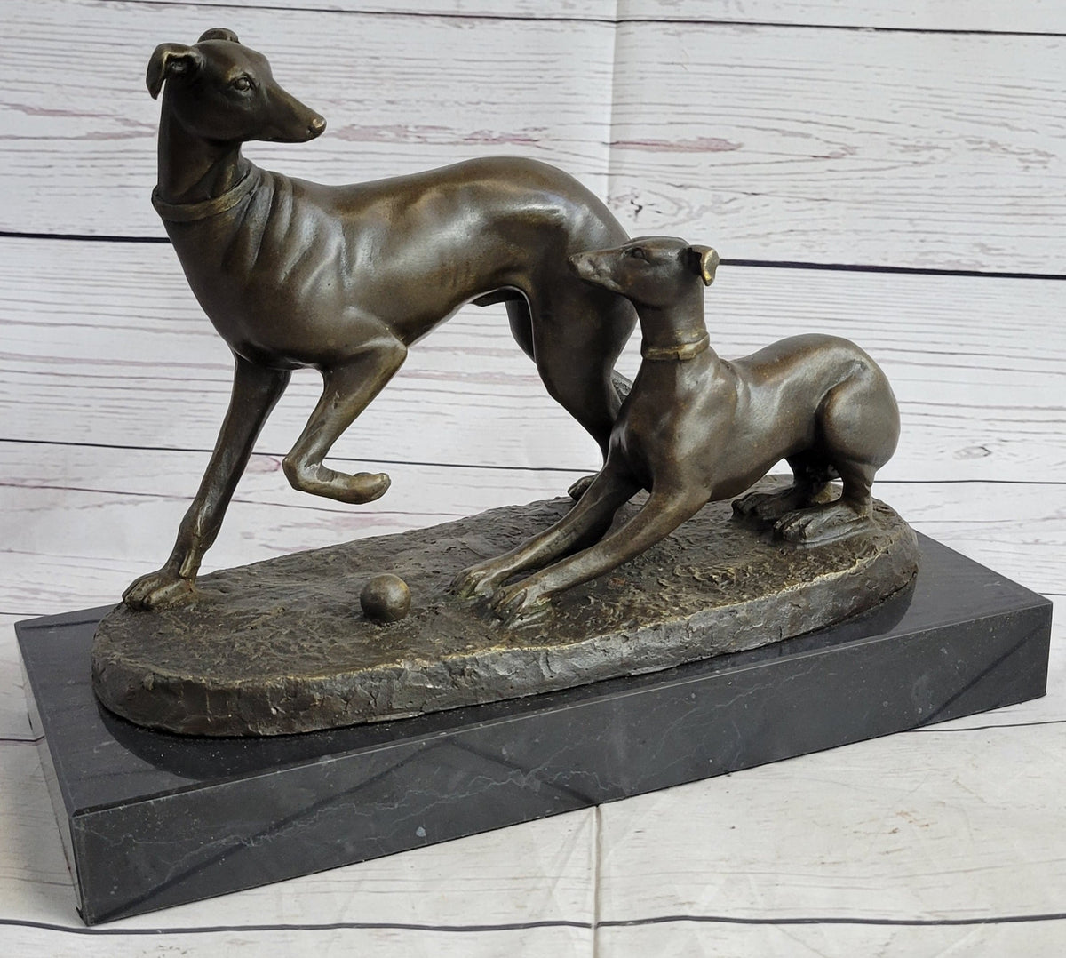 Pj Mene Two Greyhounds Dogs Playing'Argente And Dore Bronze Statue Sculpture