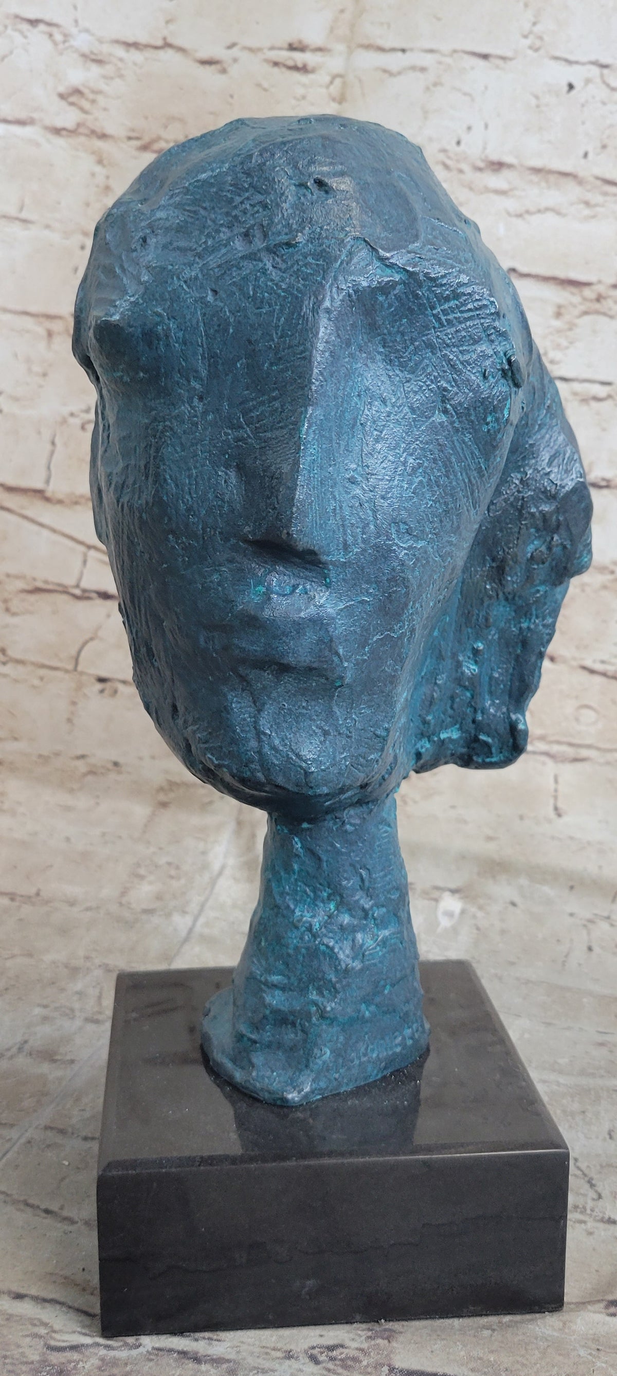 A Line Through Time Abstract Modern Artwork Female Bust Green Patina Bronze Statue