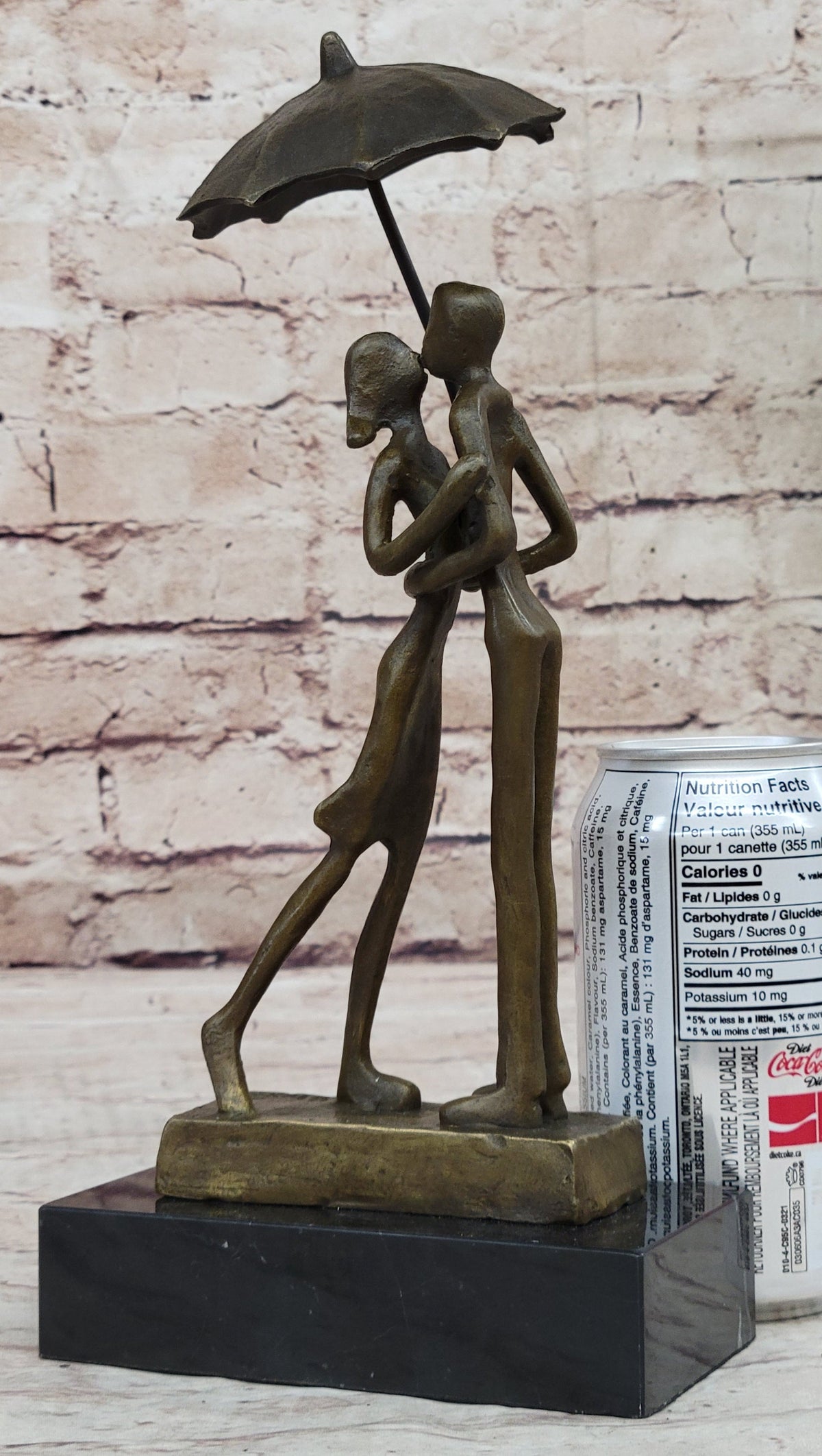 Lovers Romantic Kiss Under Umbrella Abstract Bronze Sculpture Figurine Original Art