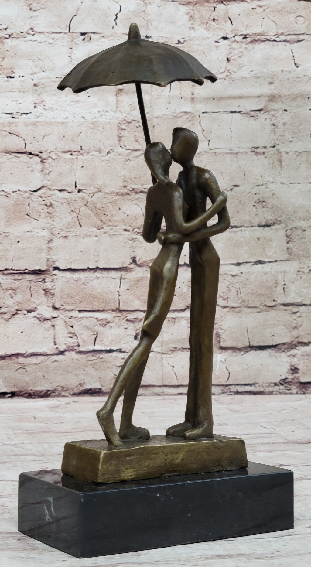Lovers Romantic Kiss Under Umbrella Abstract Bronze Sculpture Figurine Original Art