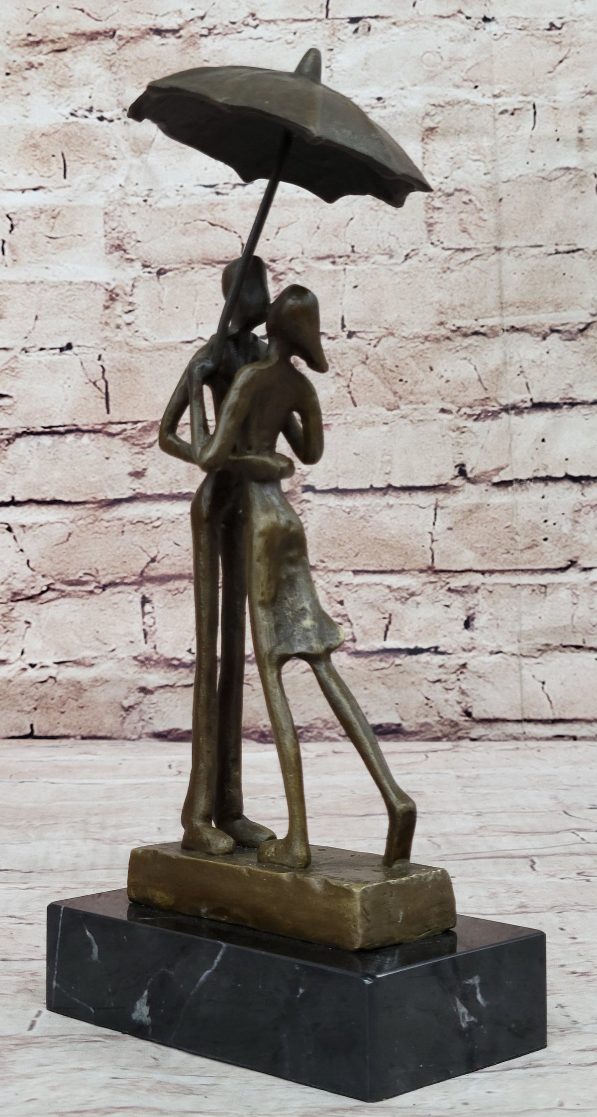 Lovers Romantic Kiss Under Umbrella Abstract Bronze Sculpture Figurine Original Art