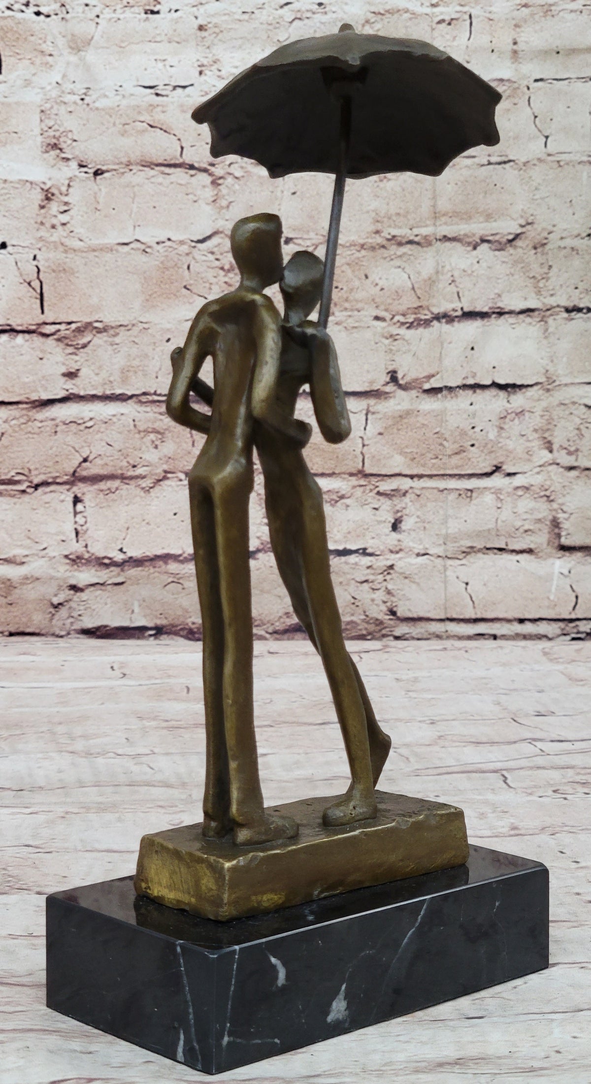 Lovers Romantic Kiss Under Umbrella Abstract Bronze Sculpture Figurine Original Art