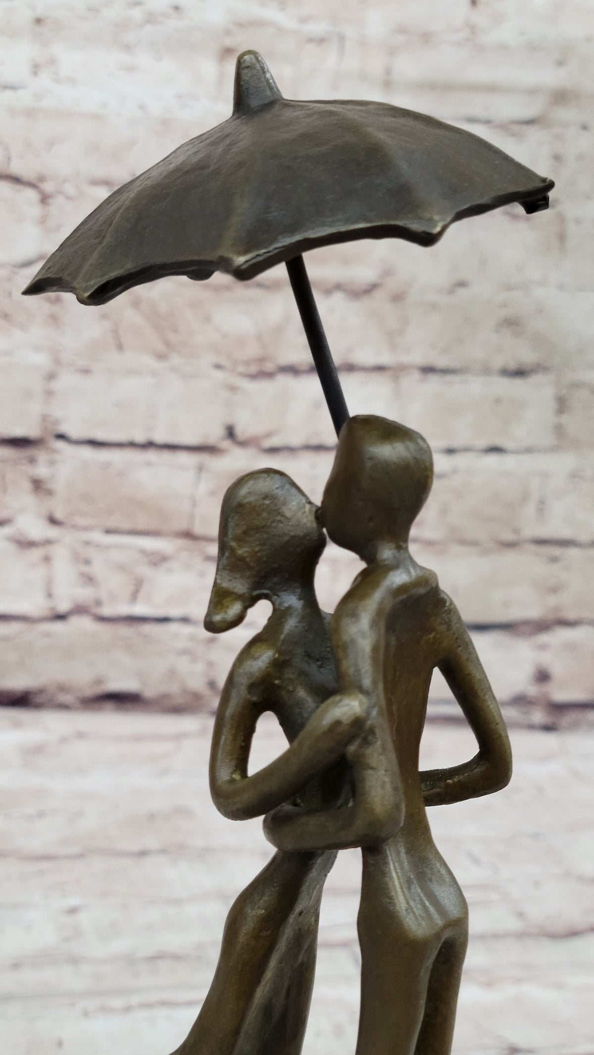 Lovers Romantic Kiss Under Umbrella Abstract Bronze Sculpture Figurine Original Art