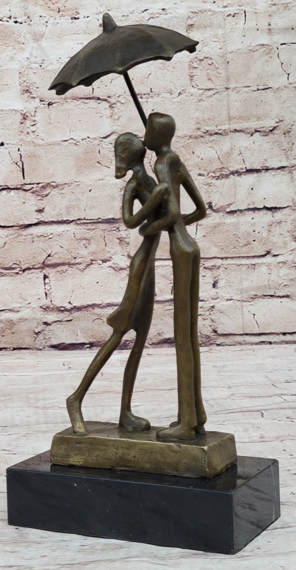 Lovers Romantic Kiss Under Umbrella Abstract Bronze Sculpture Figurine Original Art