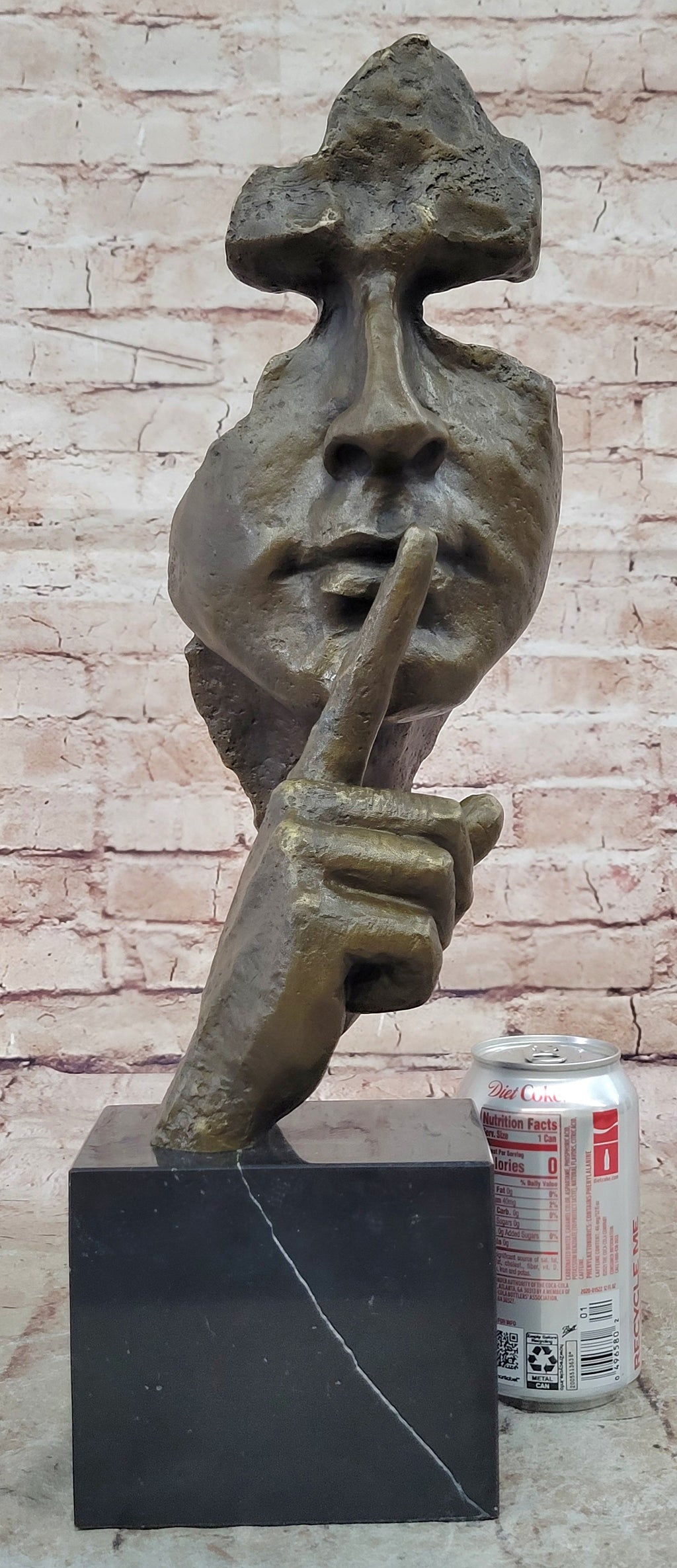 Abstract Dali Bronze Face Sculpture – Silence Shushing Statue on Marble Base