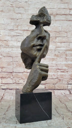 Abstract Dali Bronze Face Sculpture – Silence Shushing Statue on Marble Base