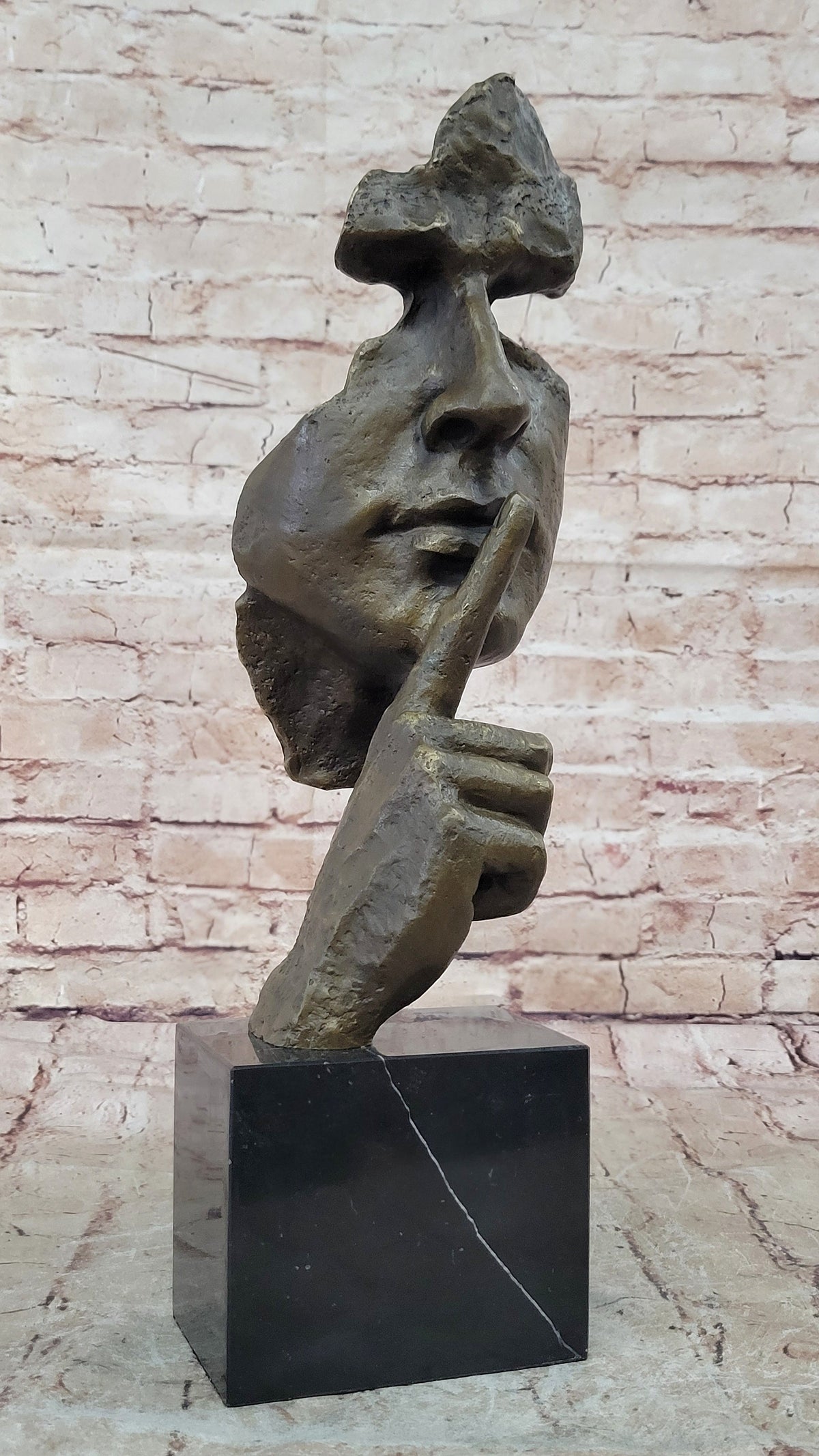 Abstract Dali Bronze Face Sculpture – Silence Shushing Statue on Marble Base