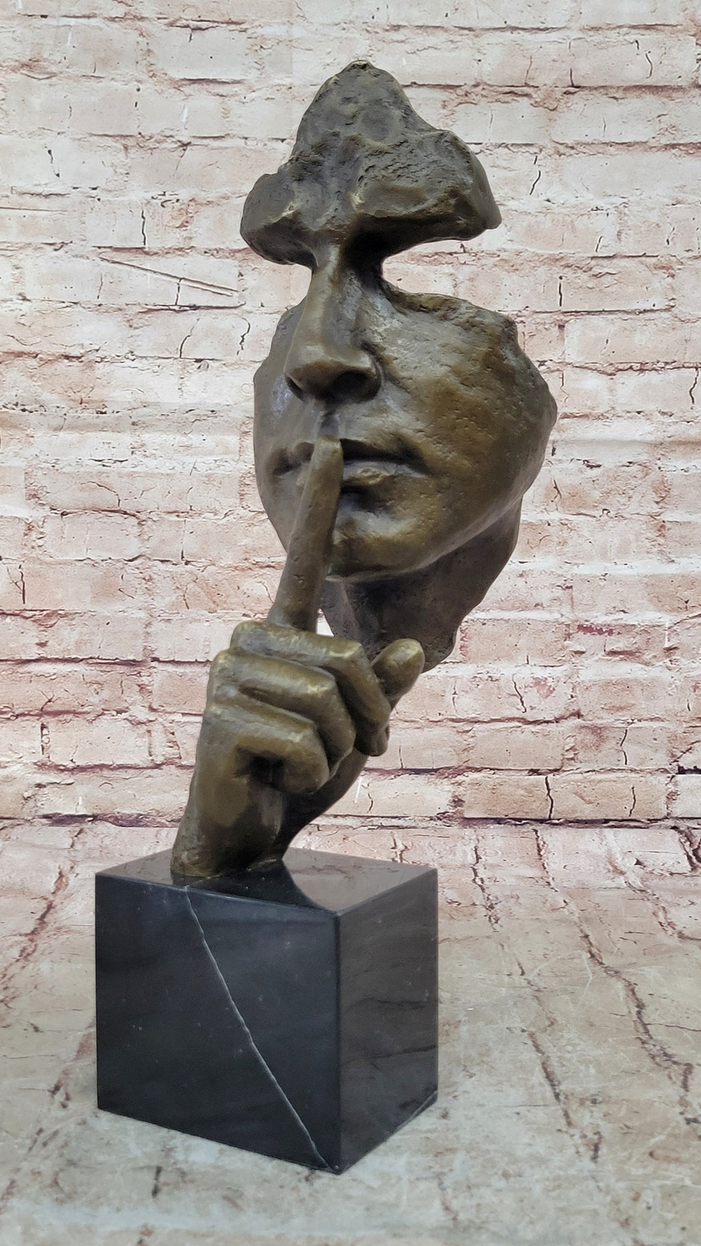 Abstract Dali Bronze Face Sculpture – Silence Shushing Statue on Marble Base
