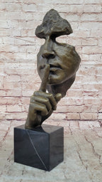 Abstract Dali Bronze Face Sculpture – Silence Shushing Statue on Marble Base