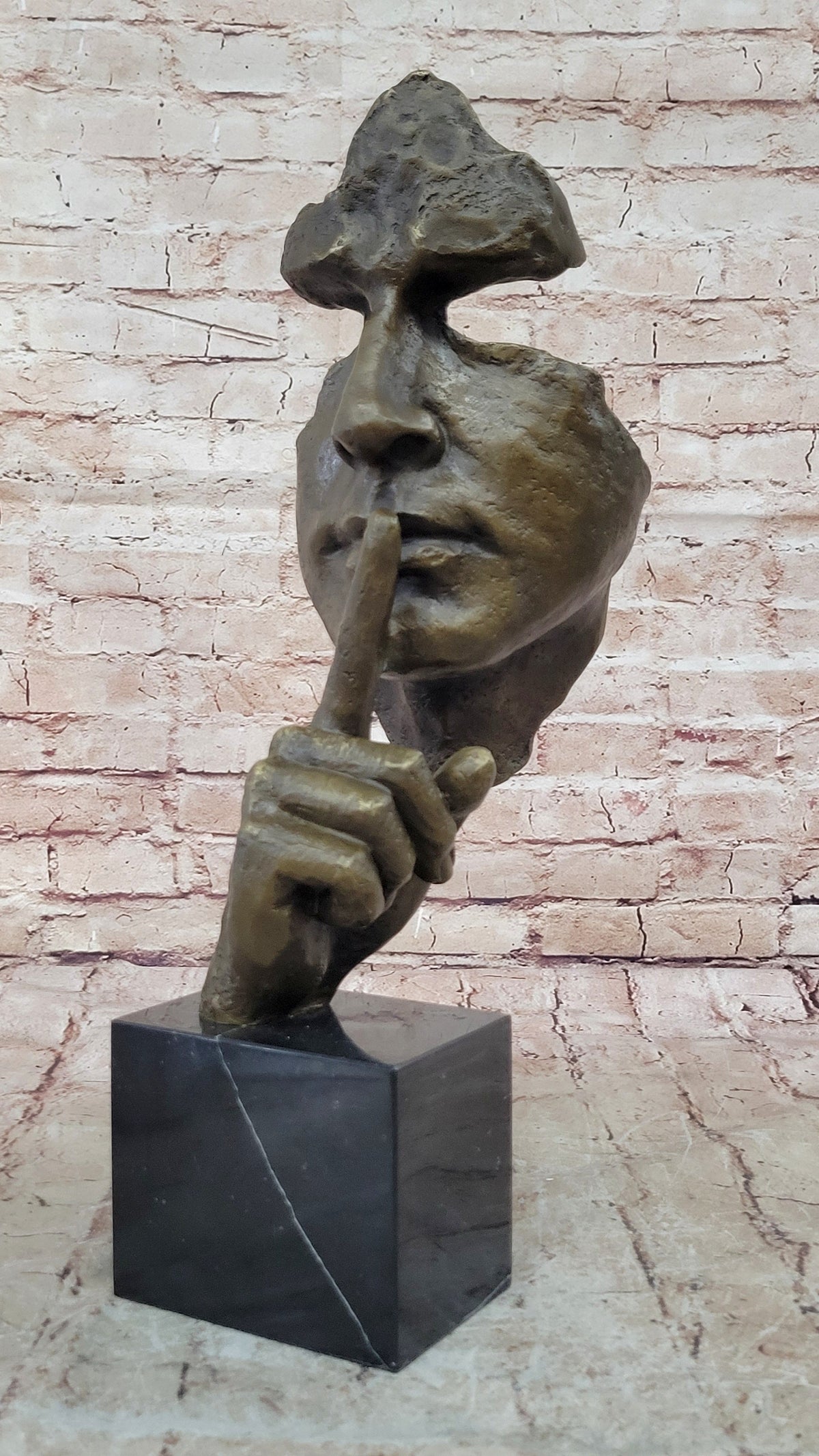 Abstract Dali Bronze Face Sculpture – Silence Shushing Statue on Marble Base