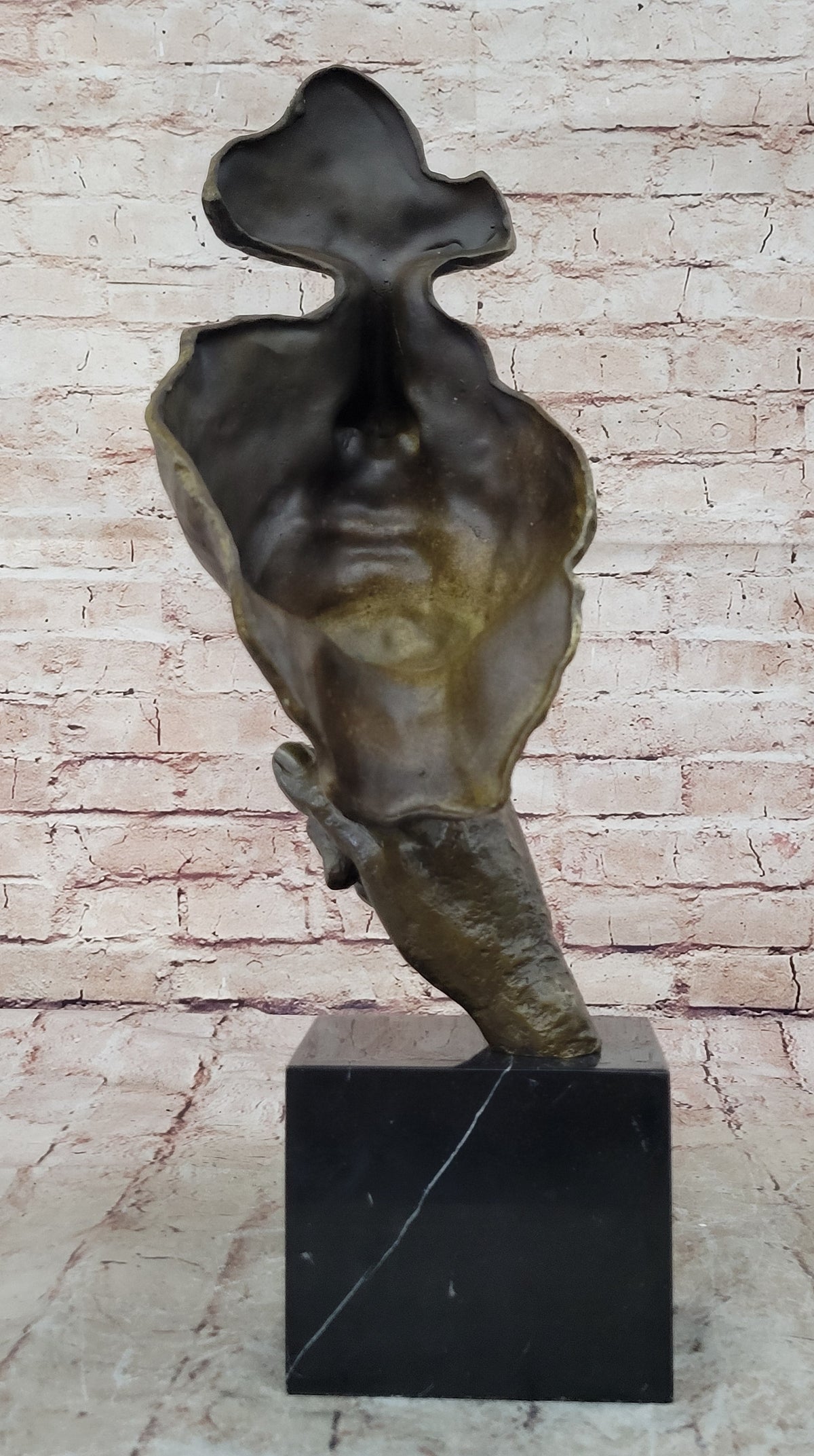 Abstract Dali Bronze Face Sculpture – Silence Shushing Statue on Marble Base