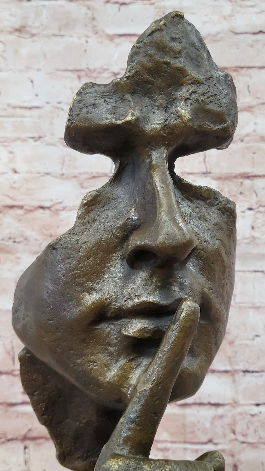 Abstract Dali Bronze Face Sculpture – Silence Shushing Statue on Marble Base