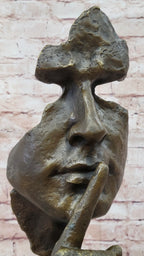 Abstract Dali Bronze Face Sculpture – Silence Shushing Statue on Marble Base