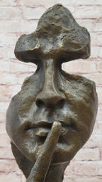Abstract Dali Bronze Face Sculpture – Silence Shushing Statue on Marble Base