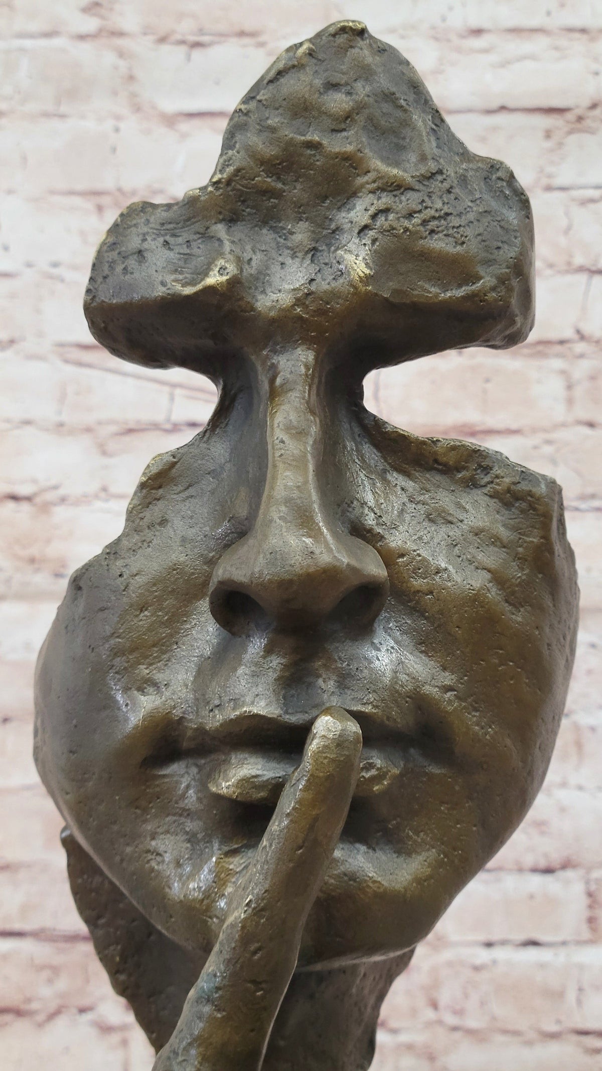 Abstract Dali Bronze Face Sculpture – Silence Shushing Statue on Marble Base