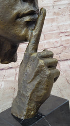 Abstract Dali Bronze Face Sculpture – Silence Shushing Statue on Marble Base