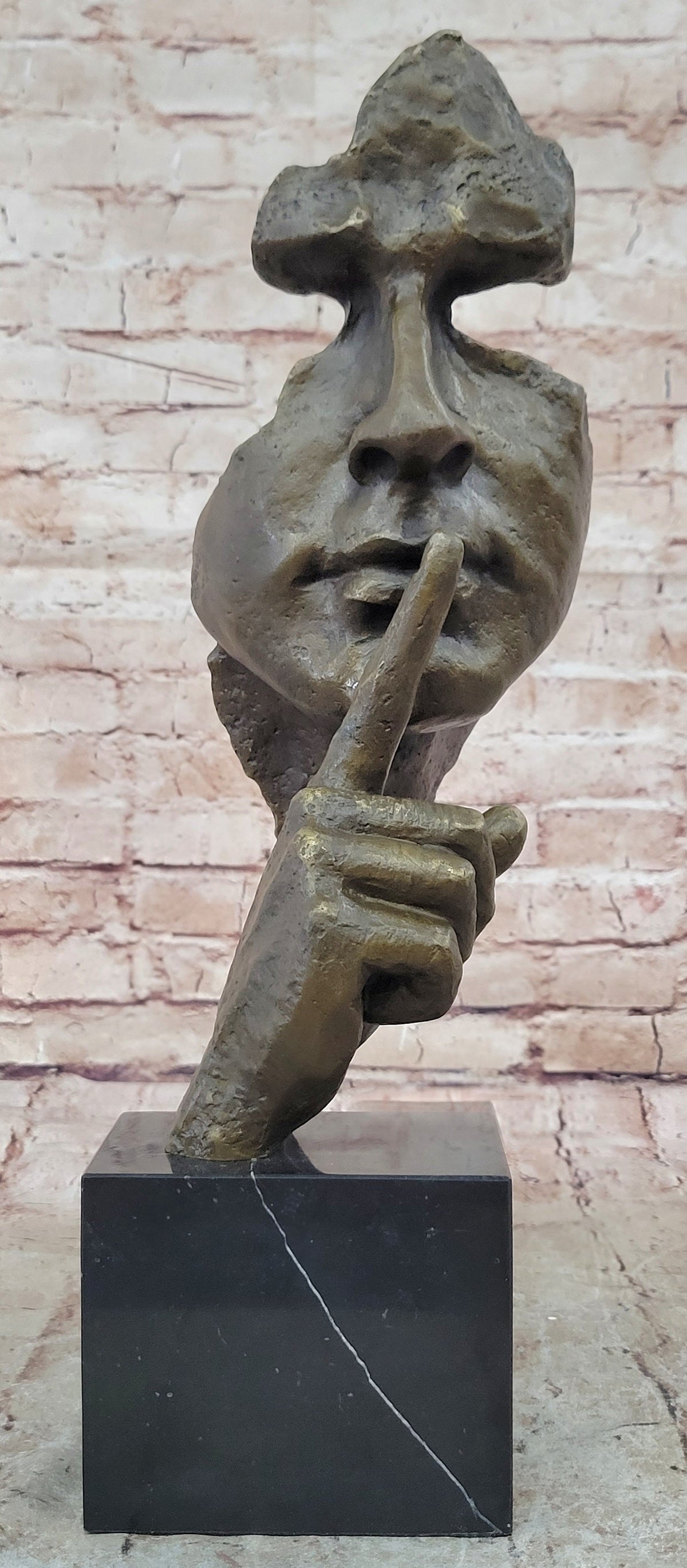 Abstract Dali Bronze Face Sculpture – Silence Shushing Statue on Marble Base