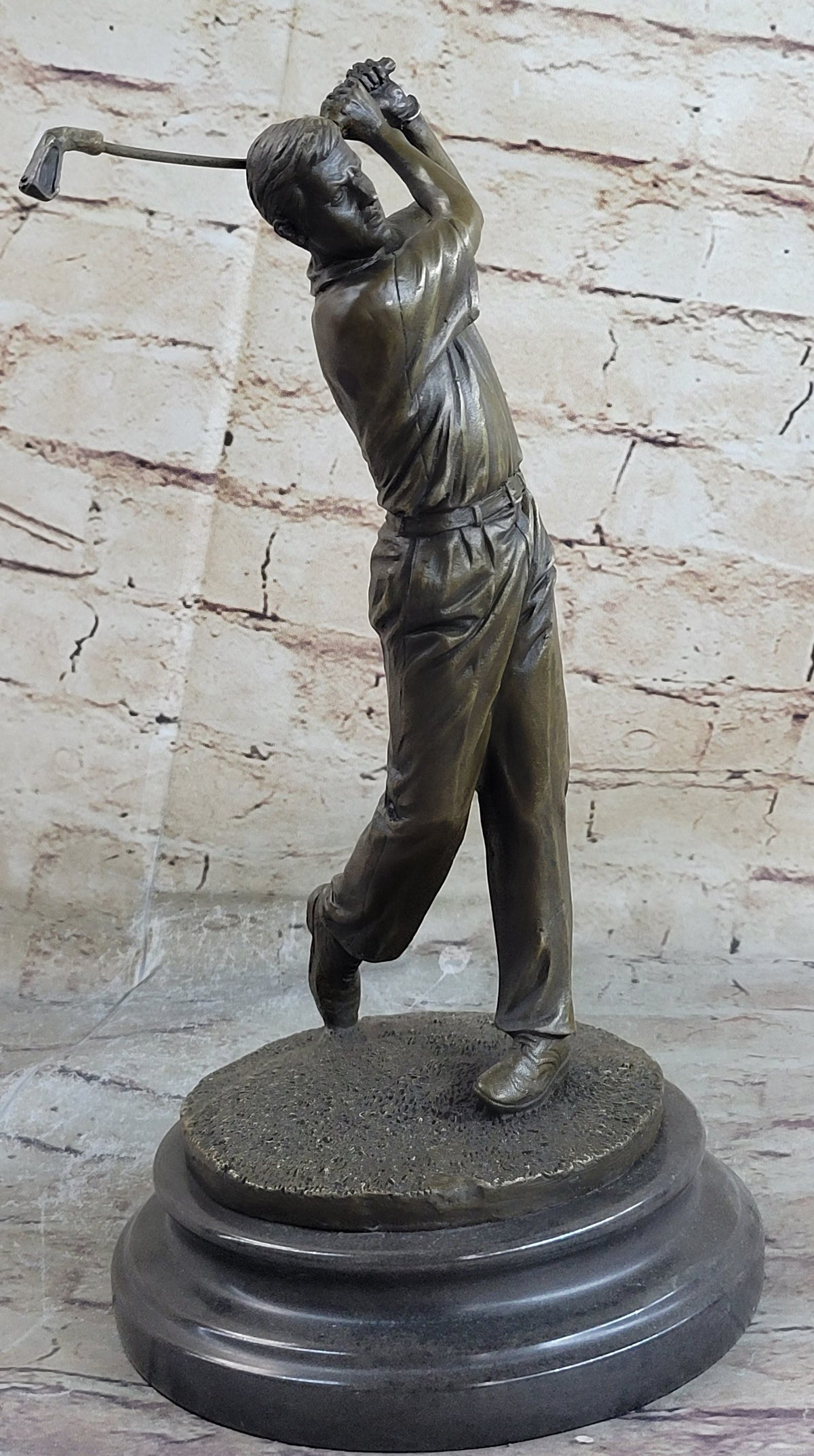 Bronze Golfer Statue Male Athlete Swing Sculpture Marble Base