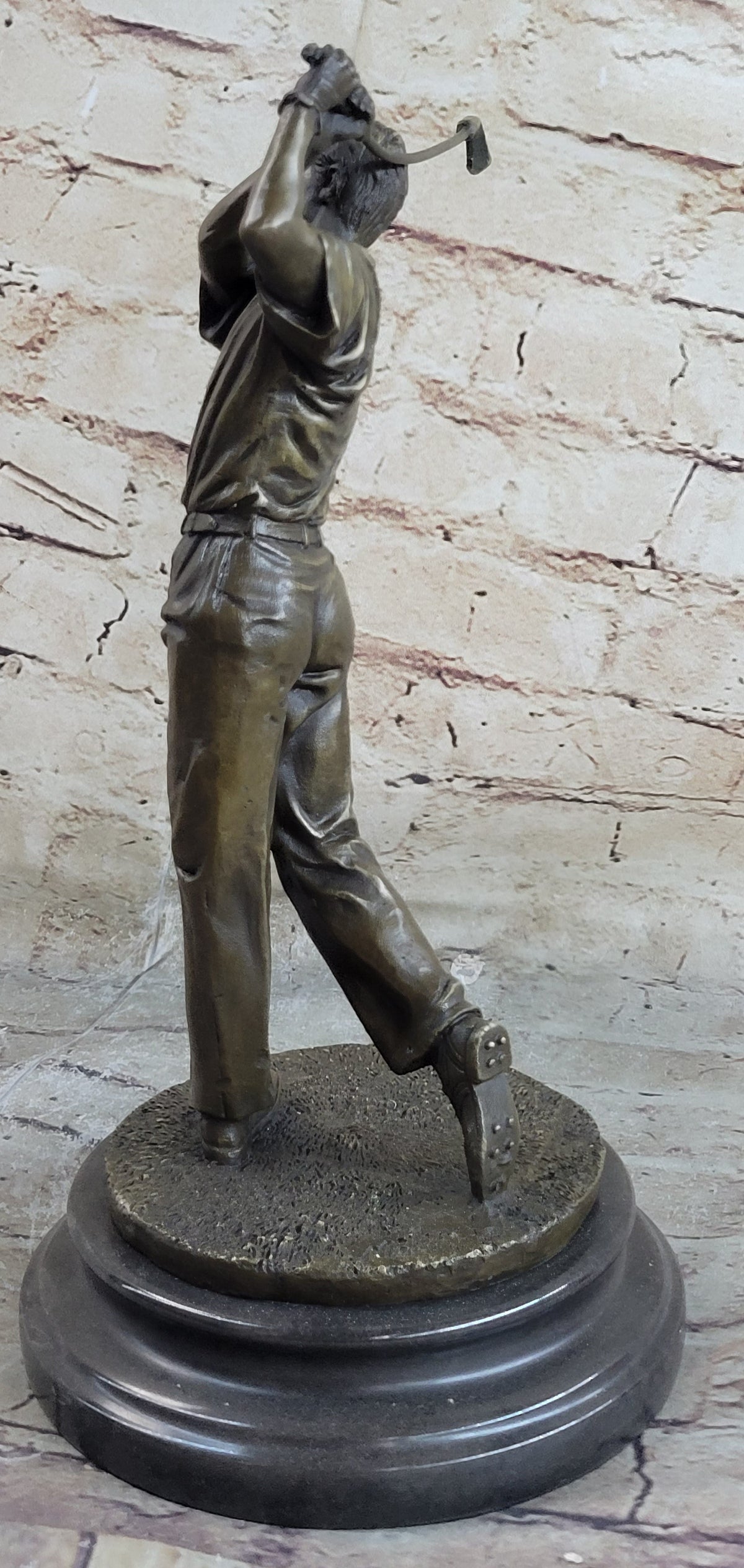 Bronze Golfer Statue Male Athlete Swing Sculpture Marble Base