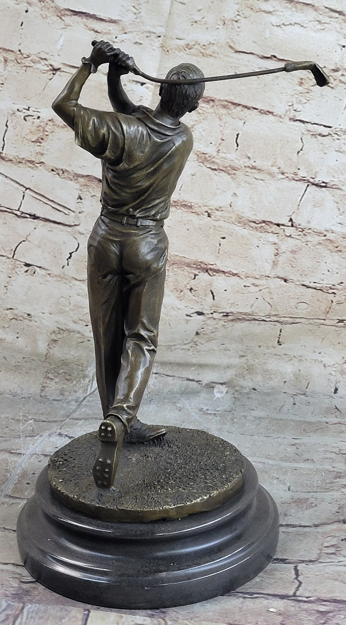 Bronze Golfer Statue Male Athlete Swing Sculpture Marble Base