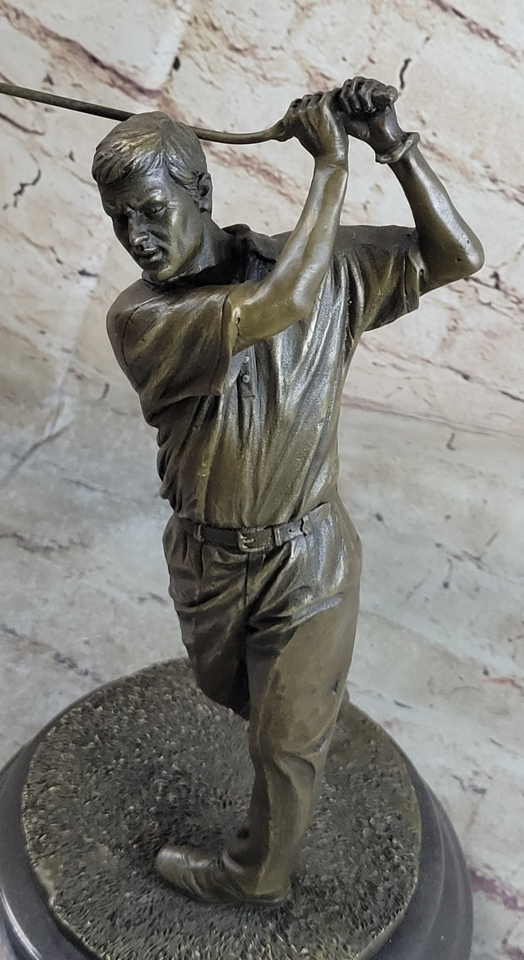 Bronze Golfer Statue Male Athlete Swing Sculpture Marble Base