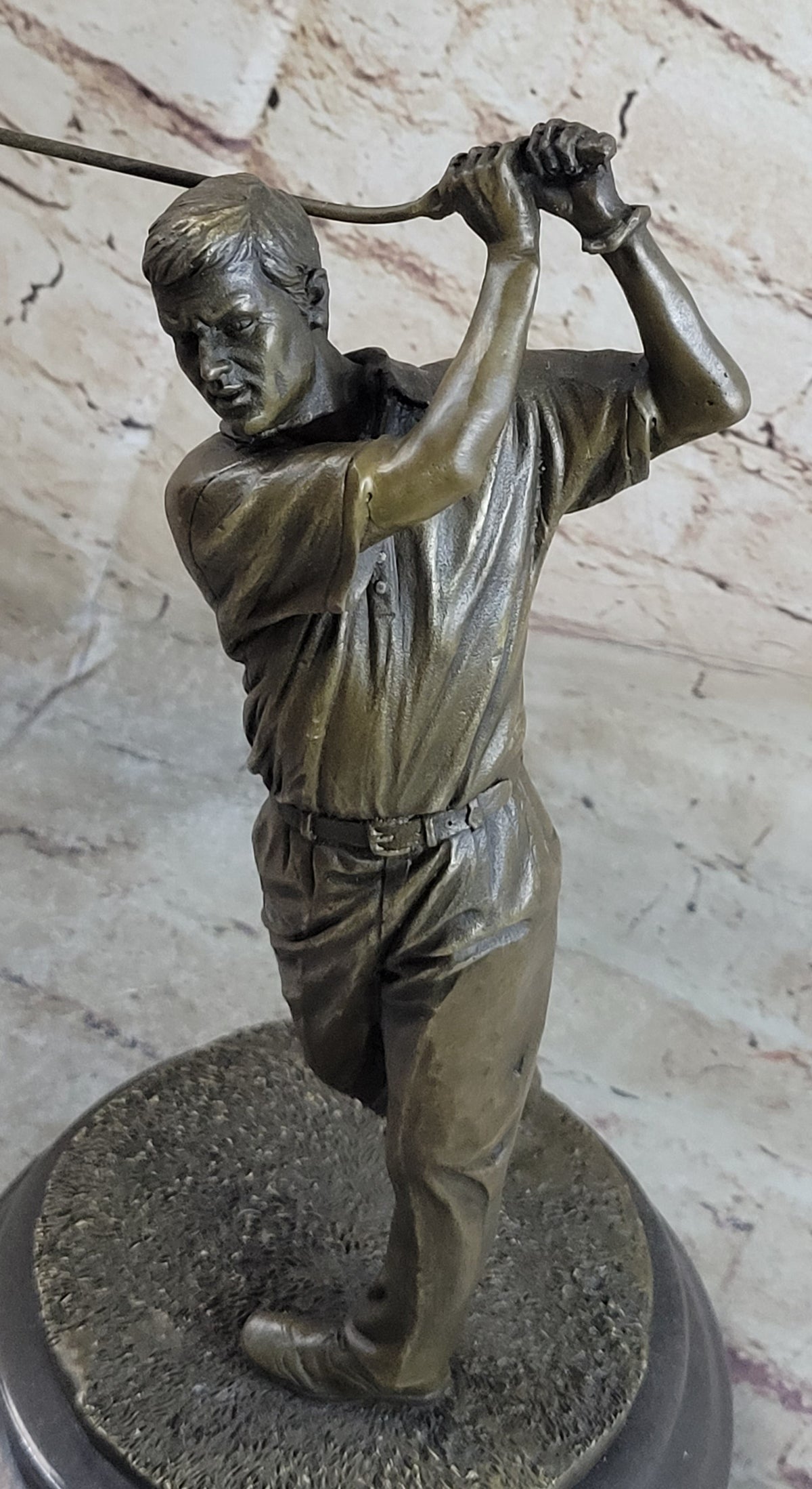 Bronze Golfer Statue Male Athlete Swing Sculpture Marble Base