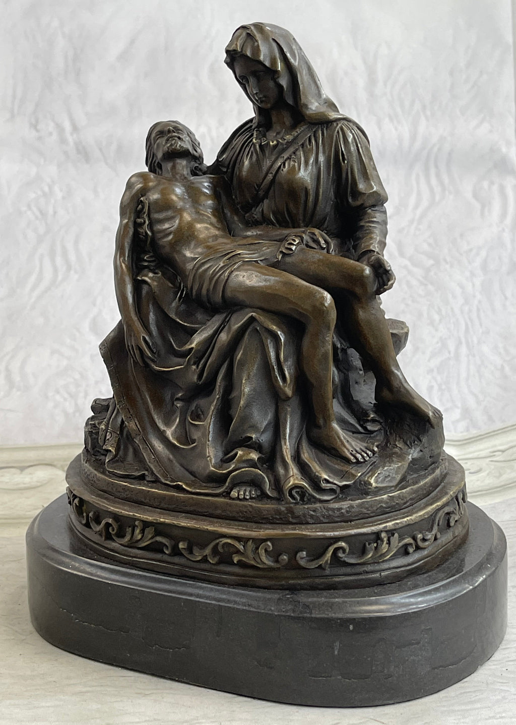 La Pieta by Michelangelo Bronze Sculpture Statue Miniature Replica on Marble Base