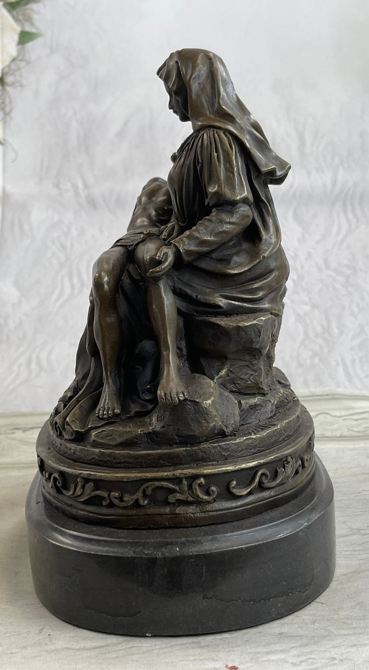 La Pieta by Michelangelo Bronze Sculpture Statue Miniature Replica on Marble Base