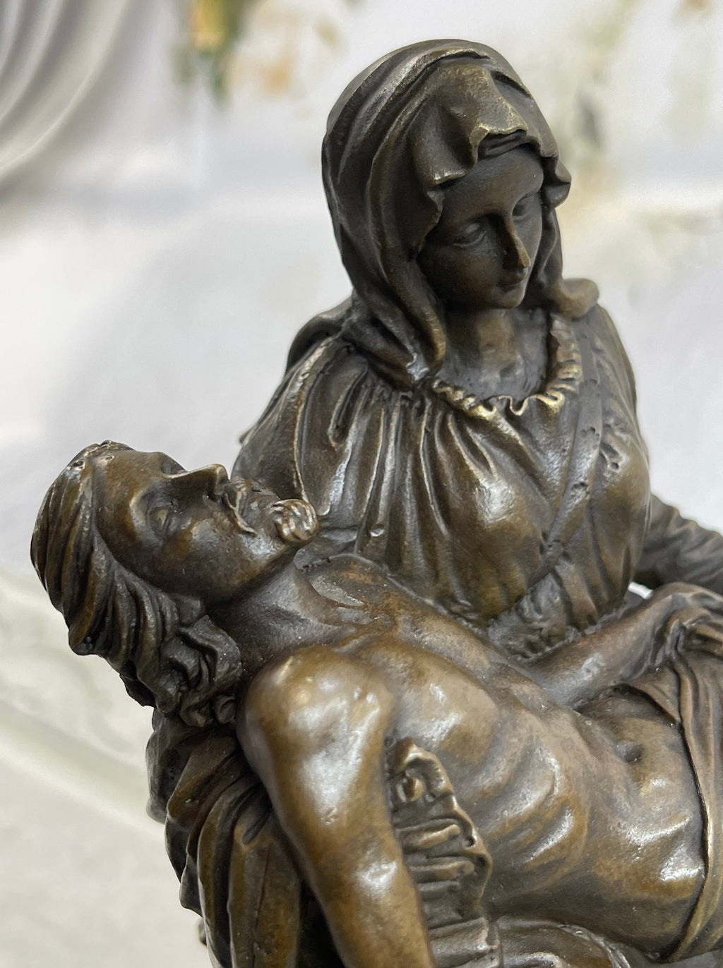 La Pieta by Michelangelo Bronze Sculpture Statue Miniature Replica on Marble Base