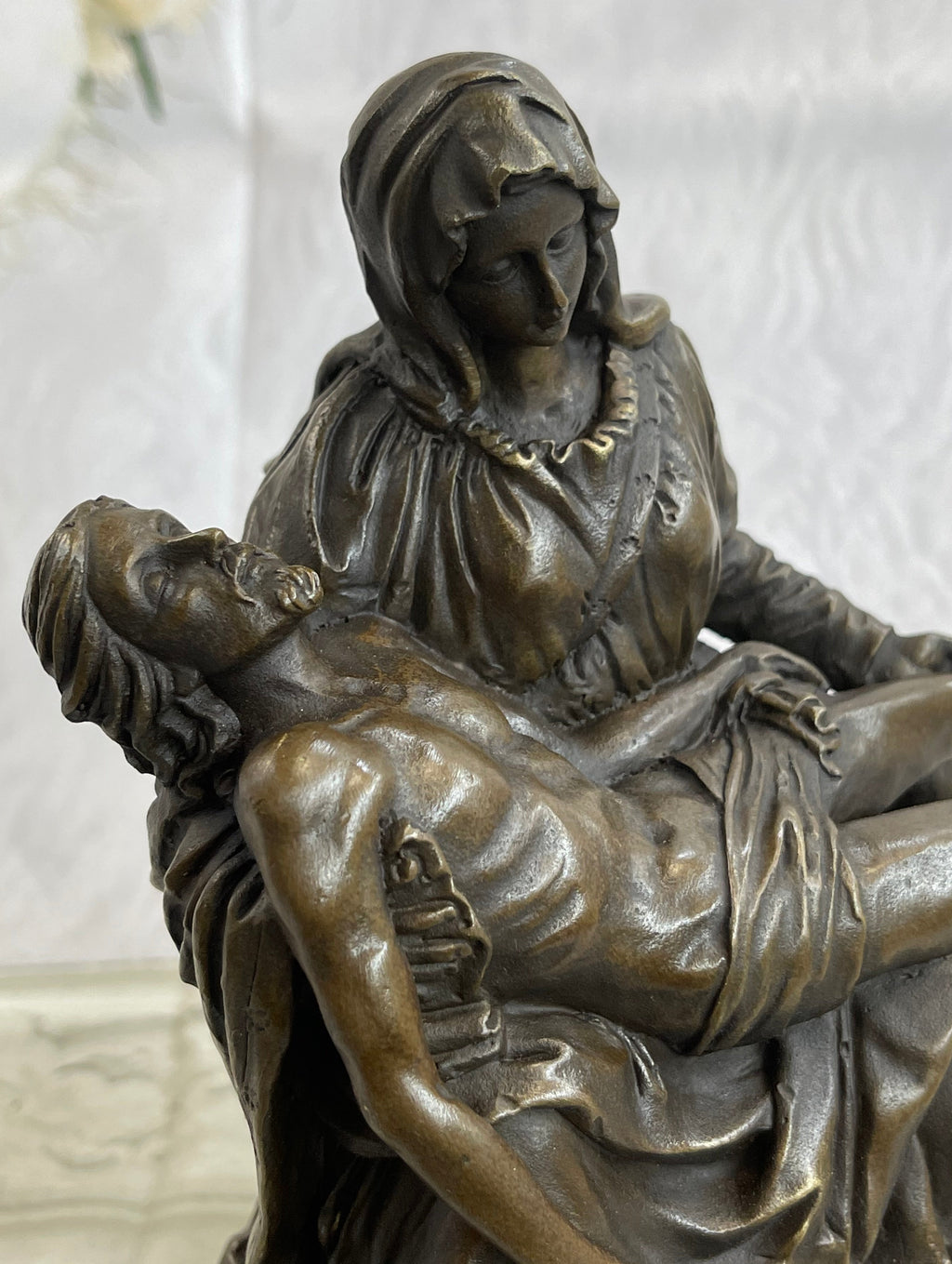 La Pieta by Michelangelo Bronze Sculpture Statue Miniature Replica on Marble Base